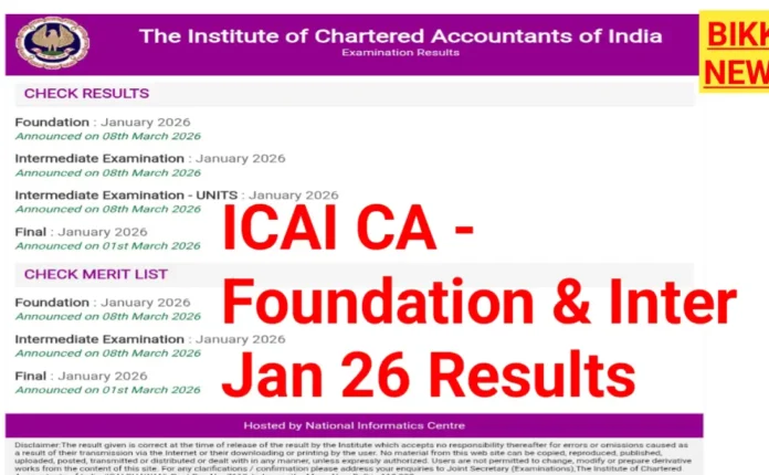 Ca inter results and foundation results 2026 by icai - bikki news