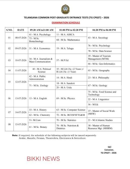 Cpget 2026 exams schedule విడుదల - bikki news