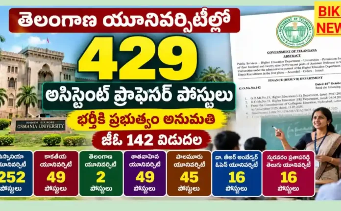 Telangana Universities Assistant Professor Jobs - 429 అసిస్టెంట్ ప్రొఫెసర్ పోస్టుల భర్తీకి అనుమతి Telangana universities assistant professor jobs